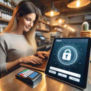 A restaurant staff member attending a cybersecurity training session with a Toast Tab POS logo in the background.